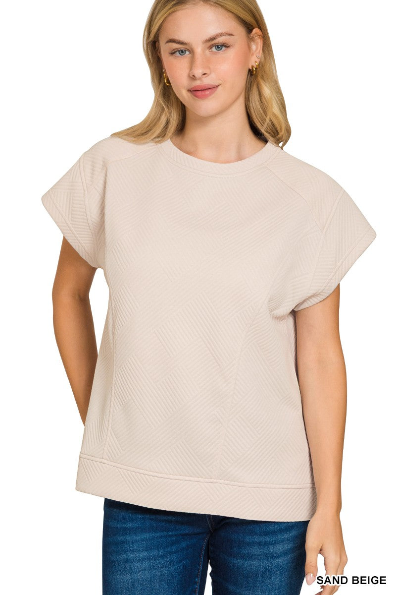 Textured Knit Jacquard Short Sleeve Top Sand Biege
