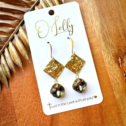“Charley” Earrings- Gold Textures Connector W/Charcoal Stone