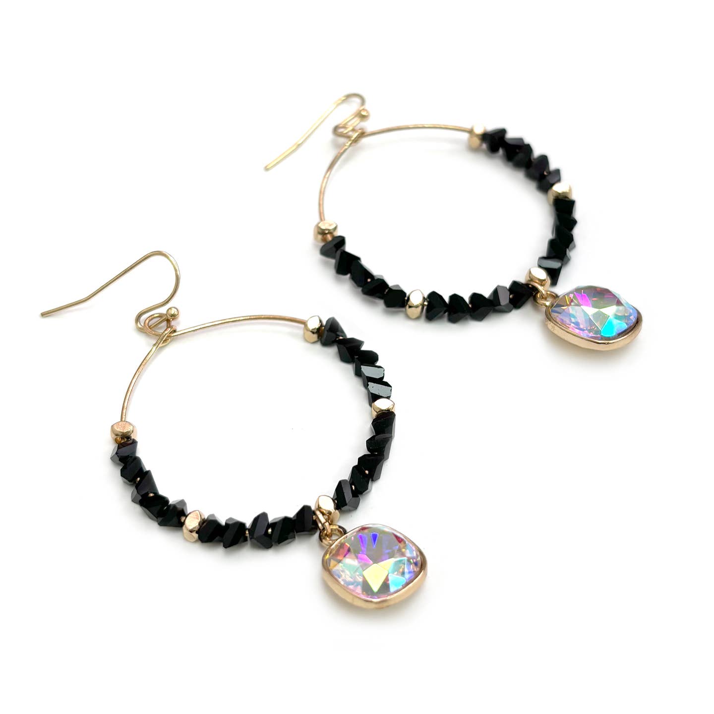 Glass Beads Hoop Dangle Cushion Cut Stone Earrings