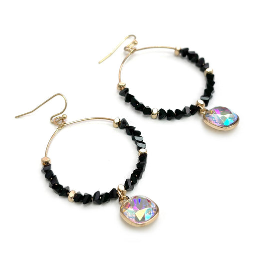 Glass Beads Hoop Dangle Cushion Cut Stone Earrings