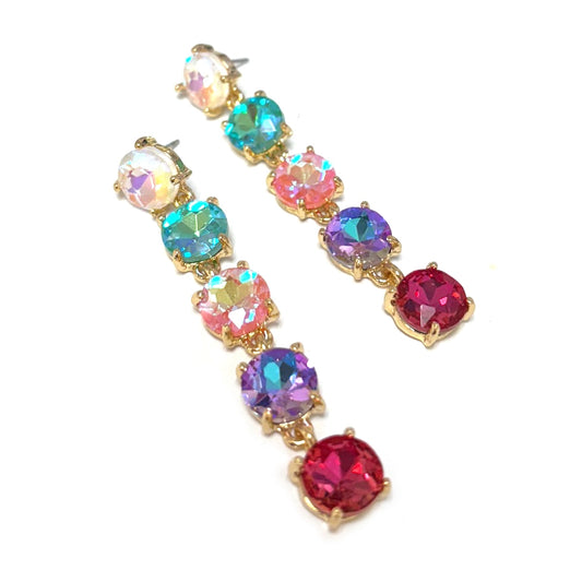 Round Crystal Glass 5pcs Linked Dangle Drop Earrings