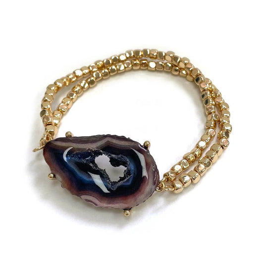 Resin Large Agate Pendant Gold Beaded Stretch Bracelet