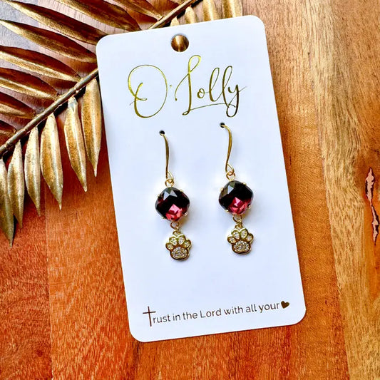 “Stark”- Maroon 10mm Stone W/Gold Cz Paw Charm Earrings