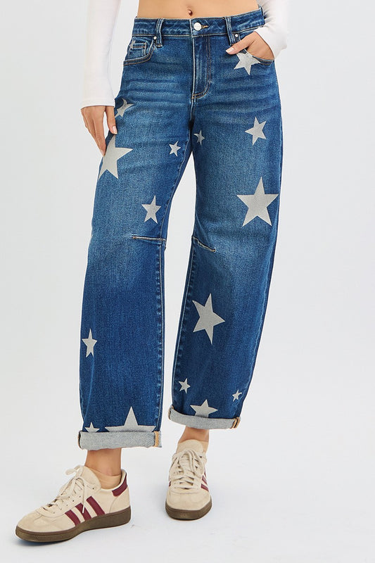 RISEN Mid Rise Ankle Barrel Star Jeans