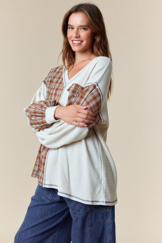 “Plaid About You” Waffle Knit Top