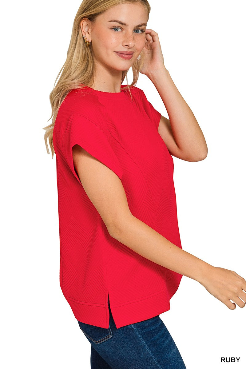 Textured Knit Jacquard Short Sleeve Top Ruby