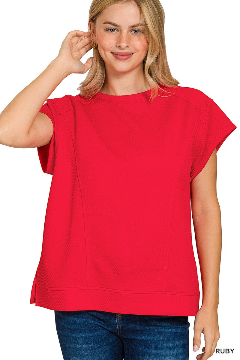 Textured Knit Jacquard Short Sleeve Top Ruby