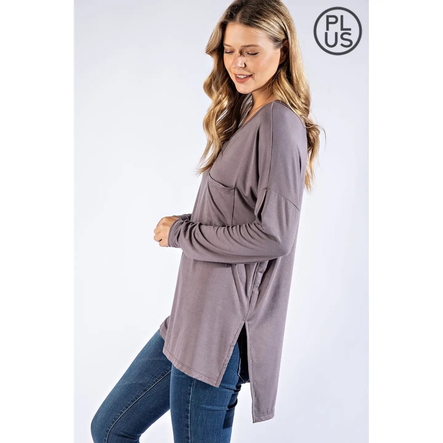 Plus Size Basic Long Sleeve Top with Pocket