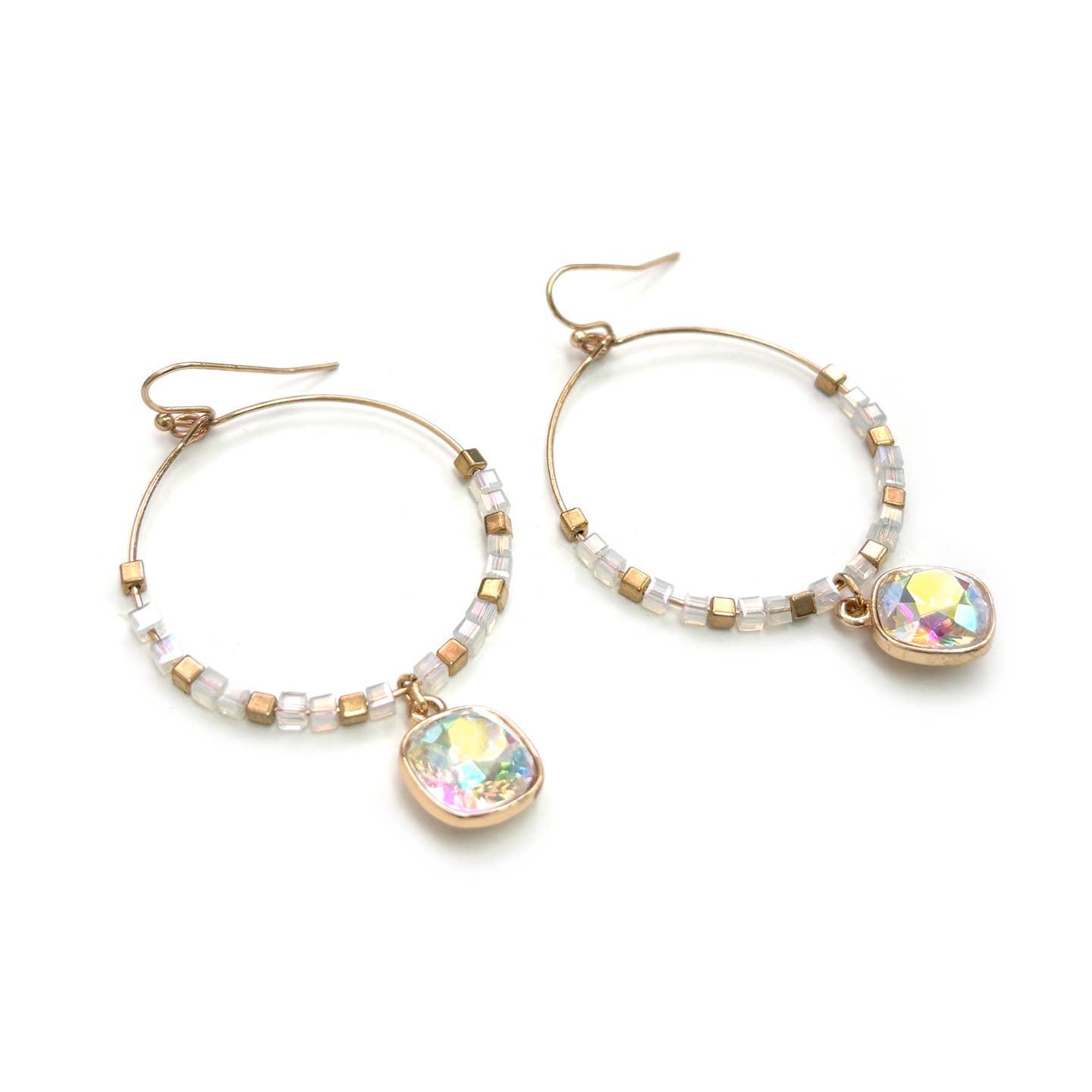 Glass Beads Hoop Dangle Cushion Cut Stone Earrings