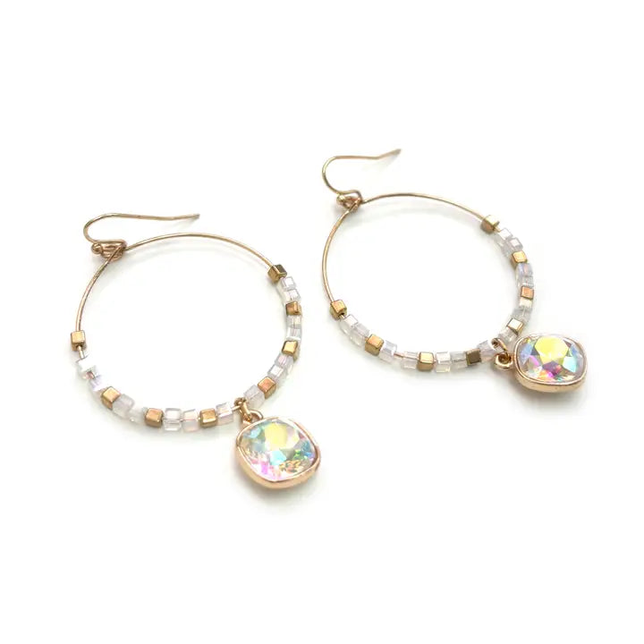 Glass Beads Hoop Dangle Cushion Cut Stone Earrings