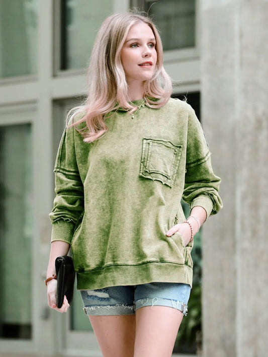 Southern Grace Acid Wash Pull Over Light Olive