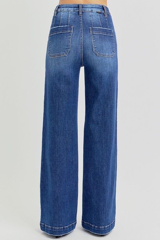RISEN High Rise Wide Leg Slanted Pocket Jeans