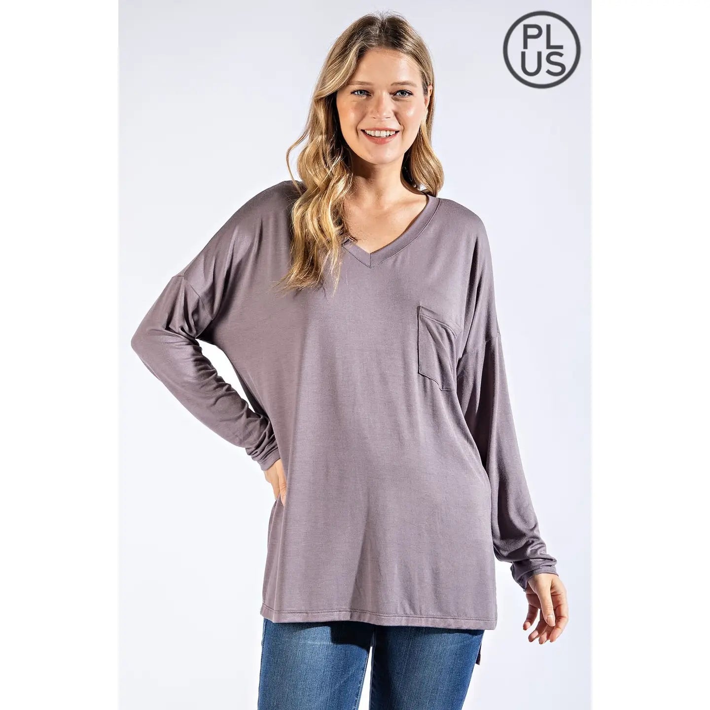 Plus Size Basic Long Sleeve Top with Pocket