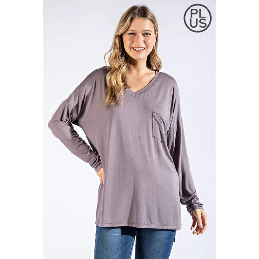 Plus Size Basic Long Sleeve Top with Pocket