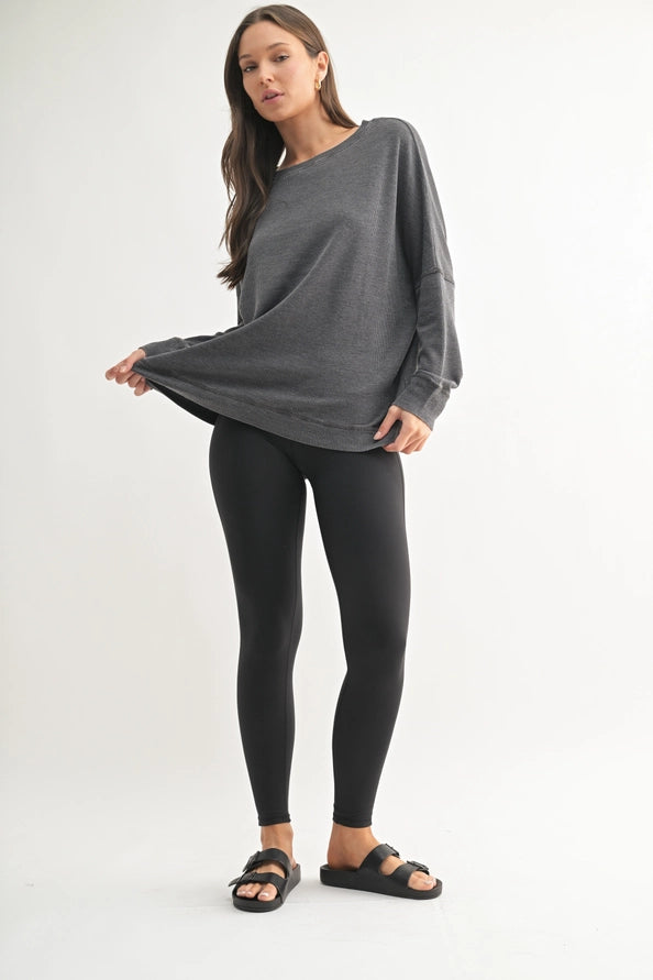 Waffle Ribbed Roundneck Pullover Black
