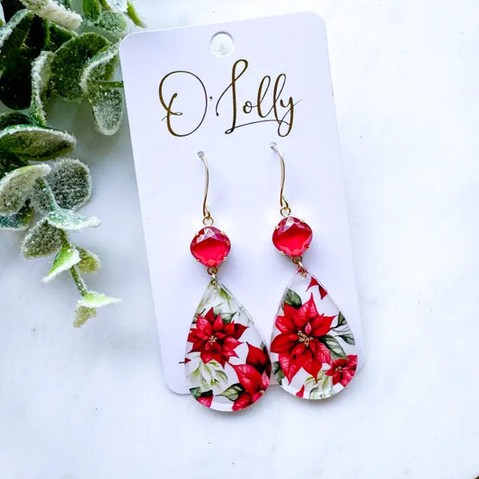 Poinsettia Teardrop Acrylic Earrings W/Red Stone, Red & White