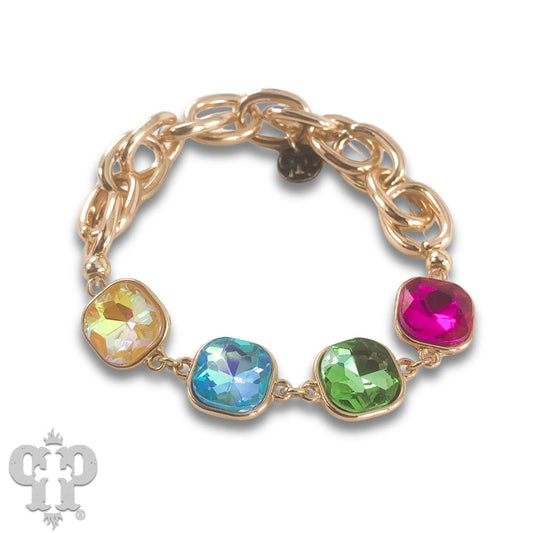 Square Colorful Rhinestone and Stretch Gold Tone Bracele