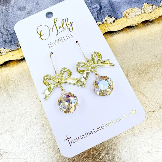 Bella” Earrings- Gold Bow W/Clear Crystal Stone