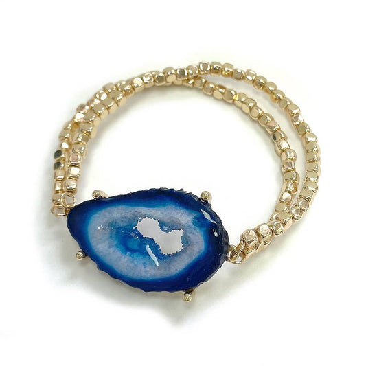 Resin Large Agate Pendant Gold Beaded Stretch Bracelet