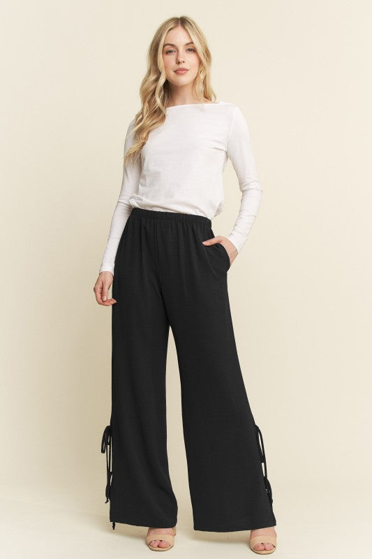 Side Tie Elastic Black Pants