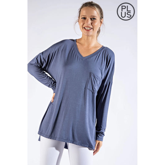 Plus Size Basic Long Sleeve Top with Pocket