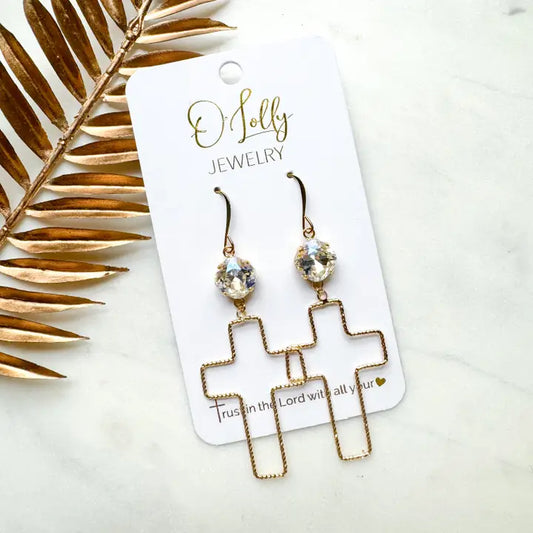 "Christen” Earrings - Clear Stone W/Open Cross Dangle
