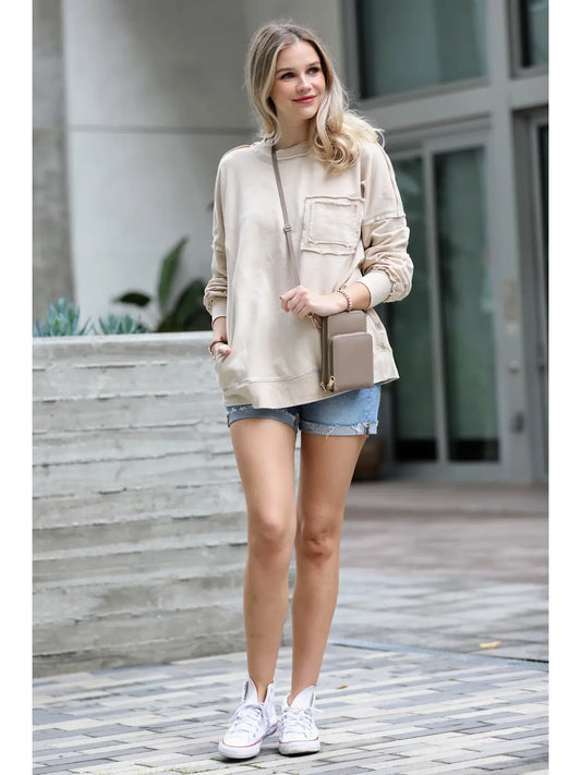 Southern Grace Acid Wash Pullover Sand Beige