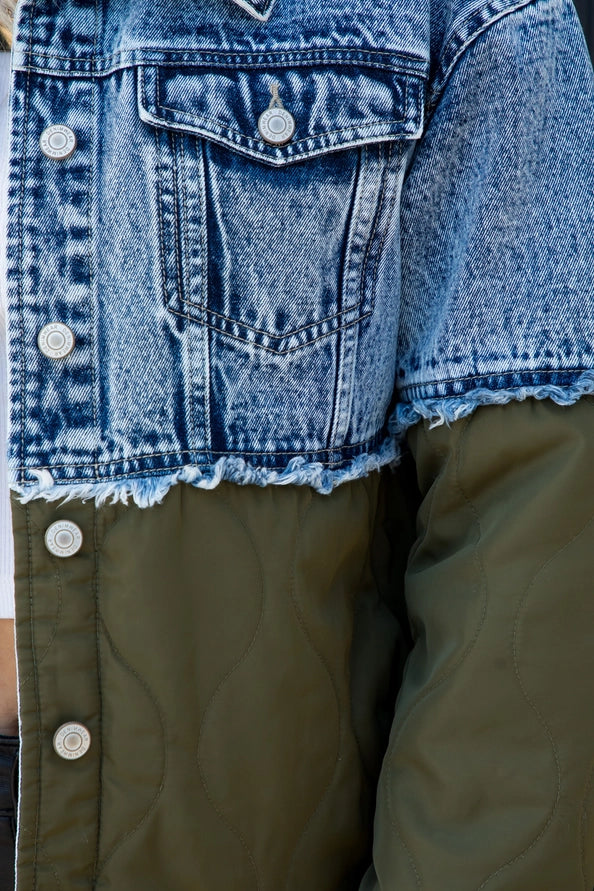Acid Wash Denim Quilted Mixed Jacket