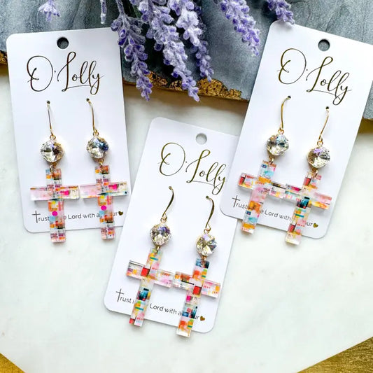 Colorful Acrylic Cross Earrings W/Clear Stone