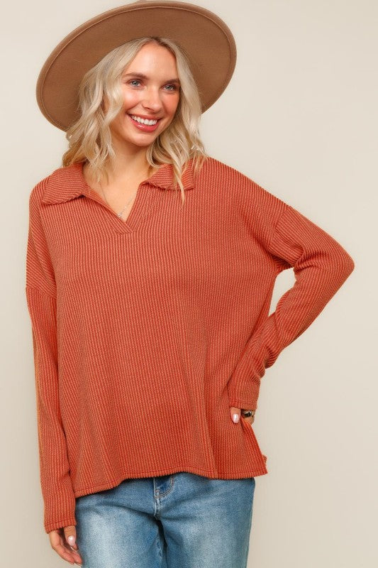 Oversized Washed Solid Wavy Rib Knit Top