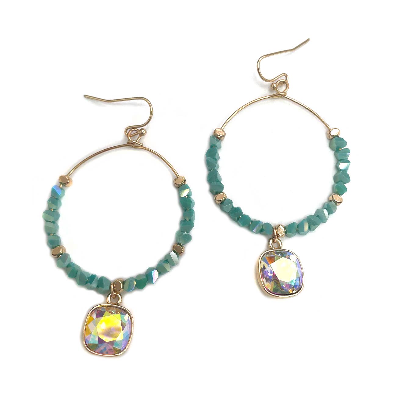 Glass Beads Hoop Dangle Cushion Cut Stone Earrings