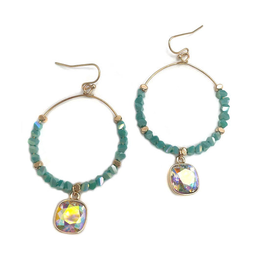 Glass Beads Hoop Dangle Cushion Cut Stone Earrings
