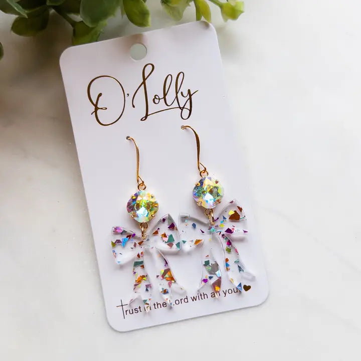 Clear Acrylic Bow W/Confetti and Ab Stone Earrings - Katie