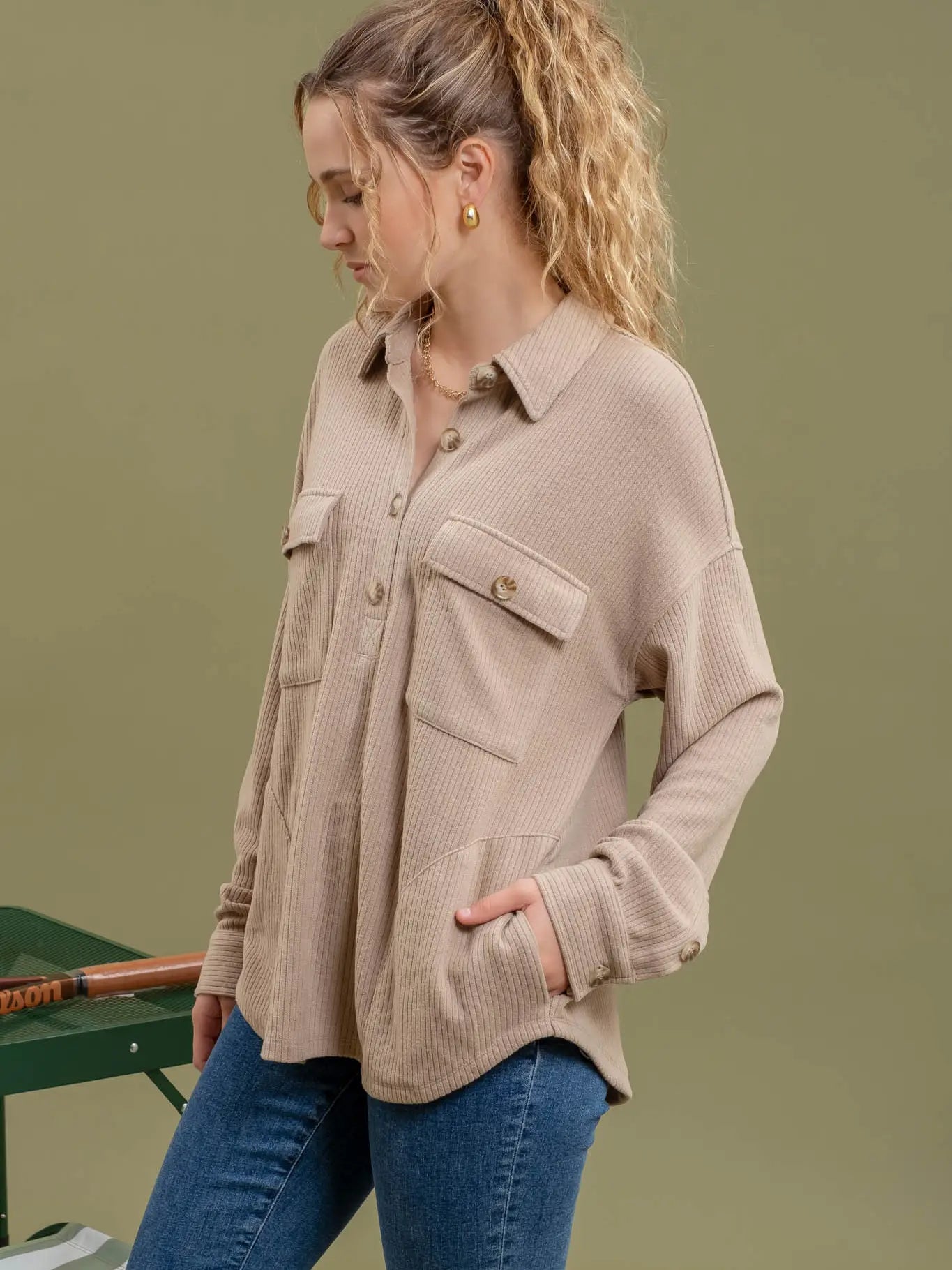 This Is It Button Knit Top Taupe