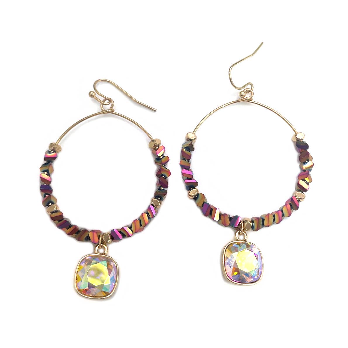 Glass Beads Hoop Dangle Cushion Cut Stone Earrings