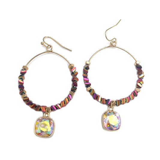 Glass Beads Hoop Dangle Cushion Cut Stone Earrings