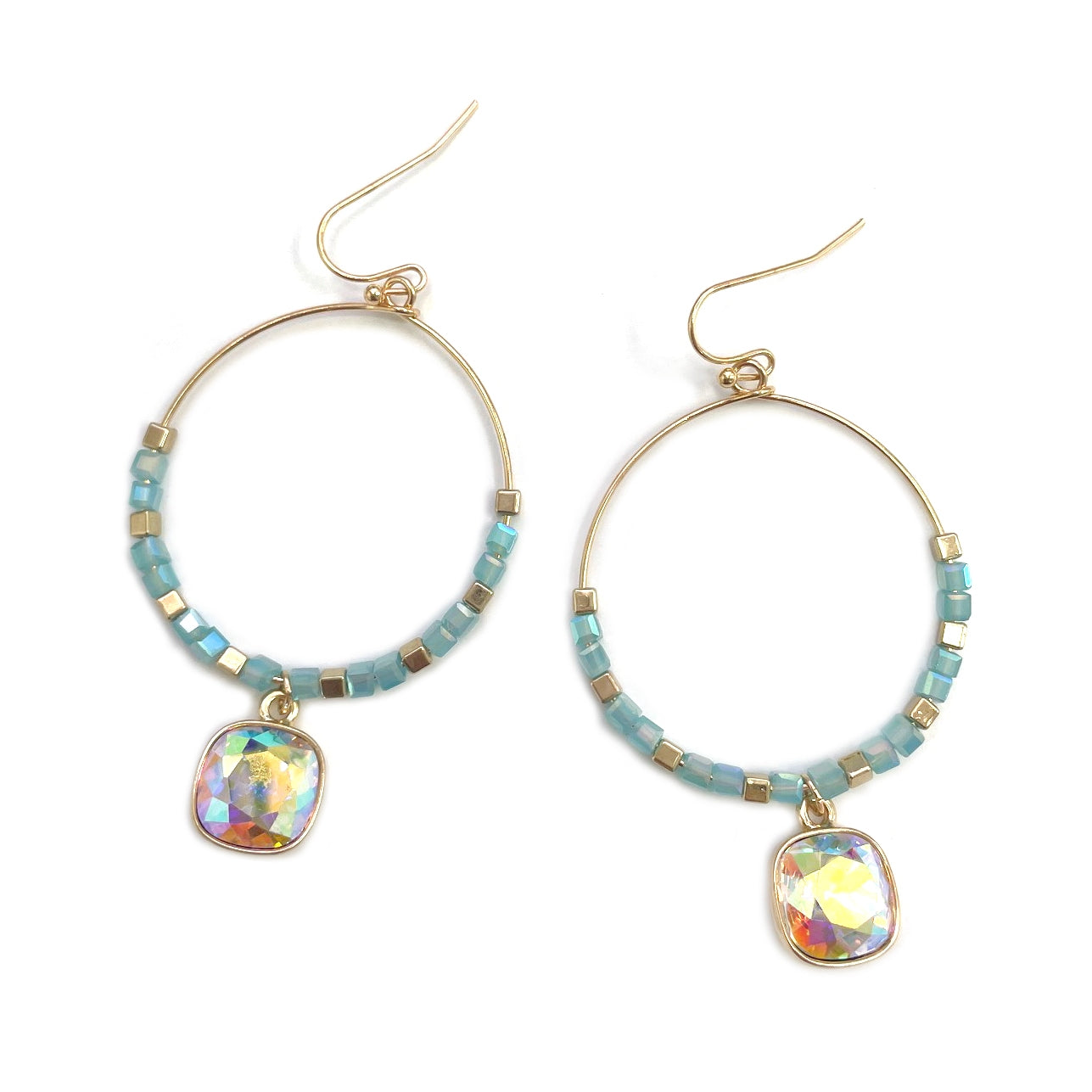 Glass Beads Hoop Dangle Cushion Cut Stone Earrings