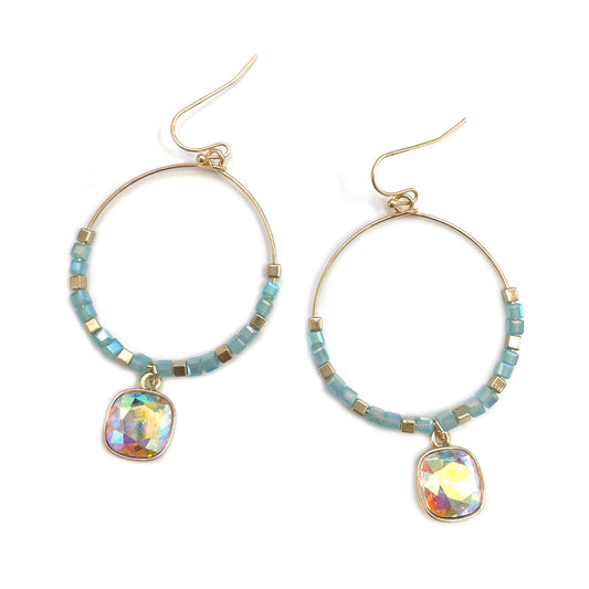 Glass Beads Hoop Dangle Cushion Cut Stone Earrings