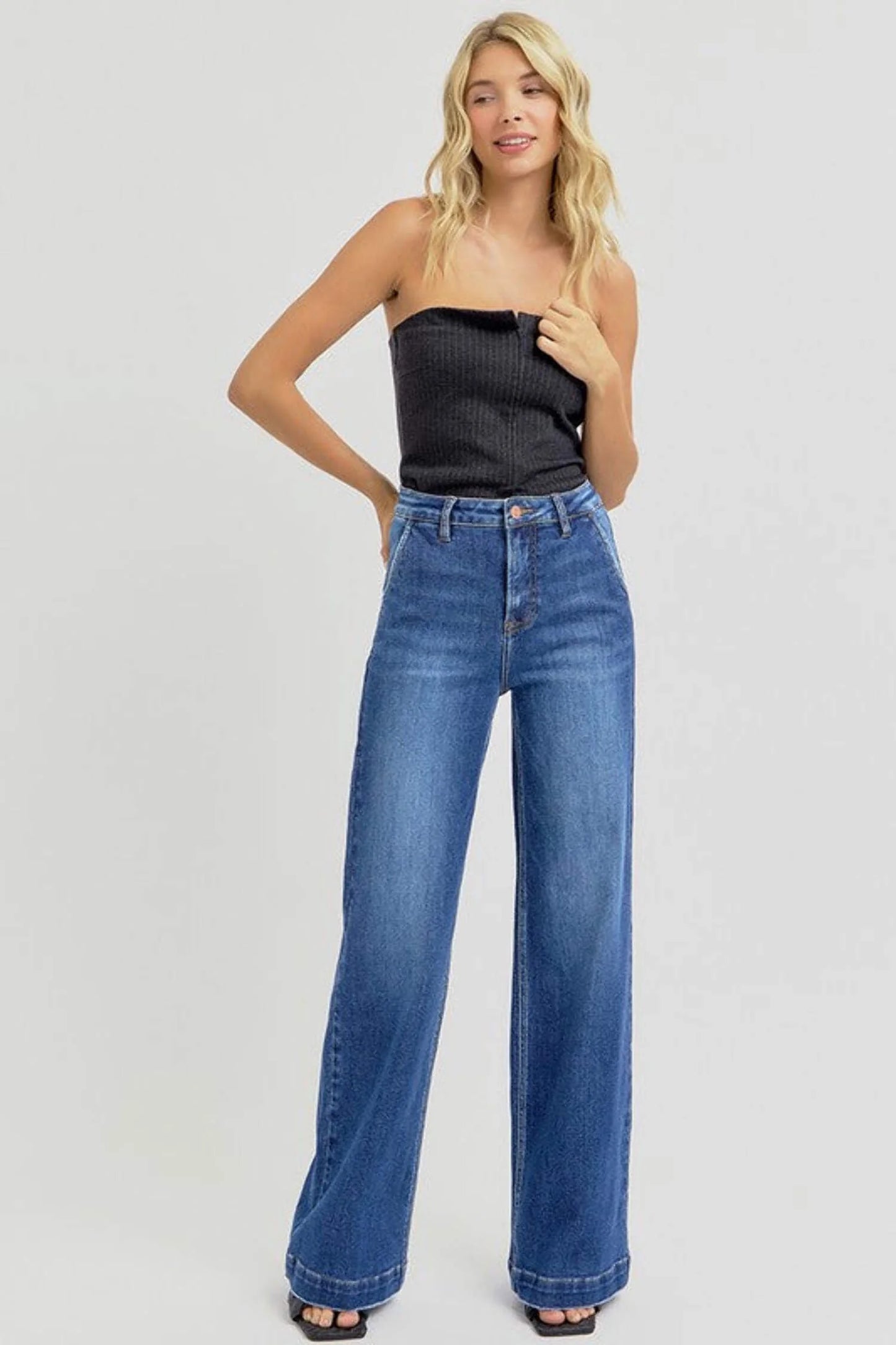 RISEN High Rise Wide Leg Slanted Pocket Jeans