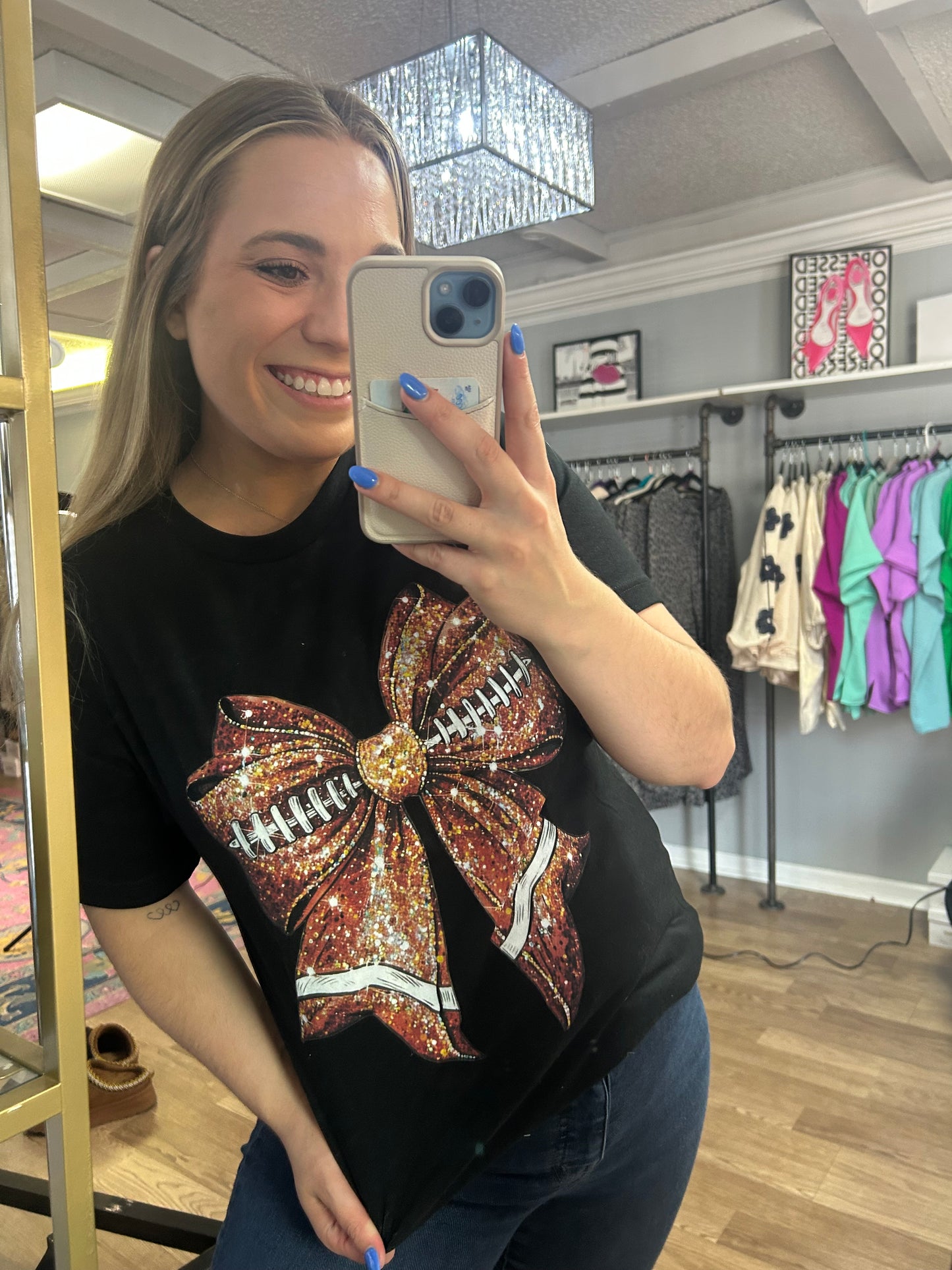 Faux Glitter Football Bow Tee
