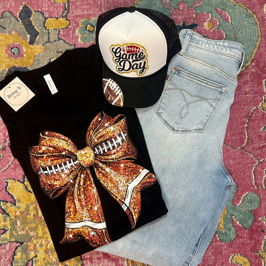 Faux Glitter Football Bow Tee