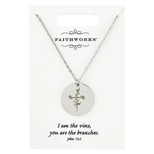 Circle Pendant Necklace - Jesus Is the Vine - Silver