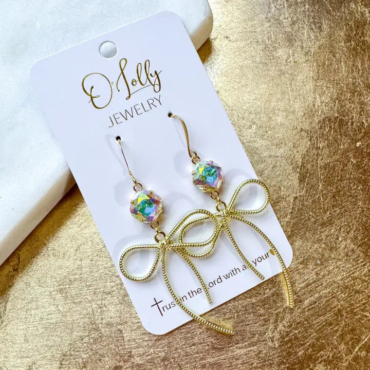 “Bow” Earrings - Ab Stone W/Gold Bow