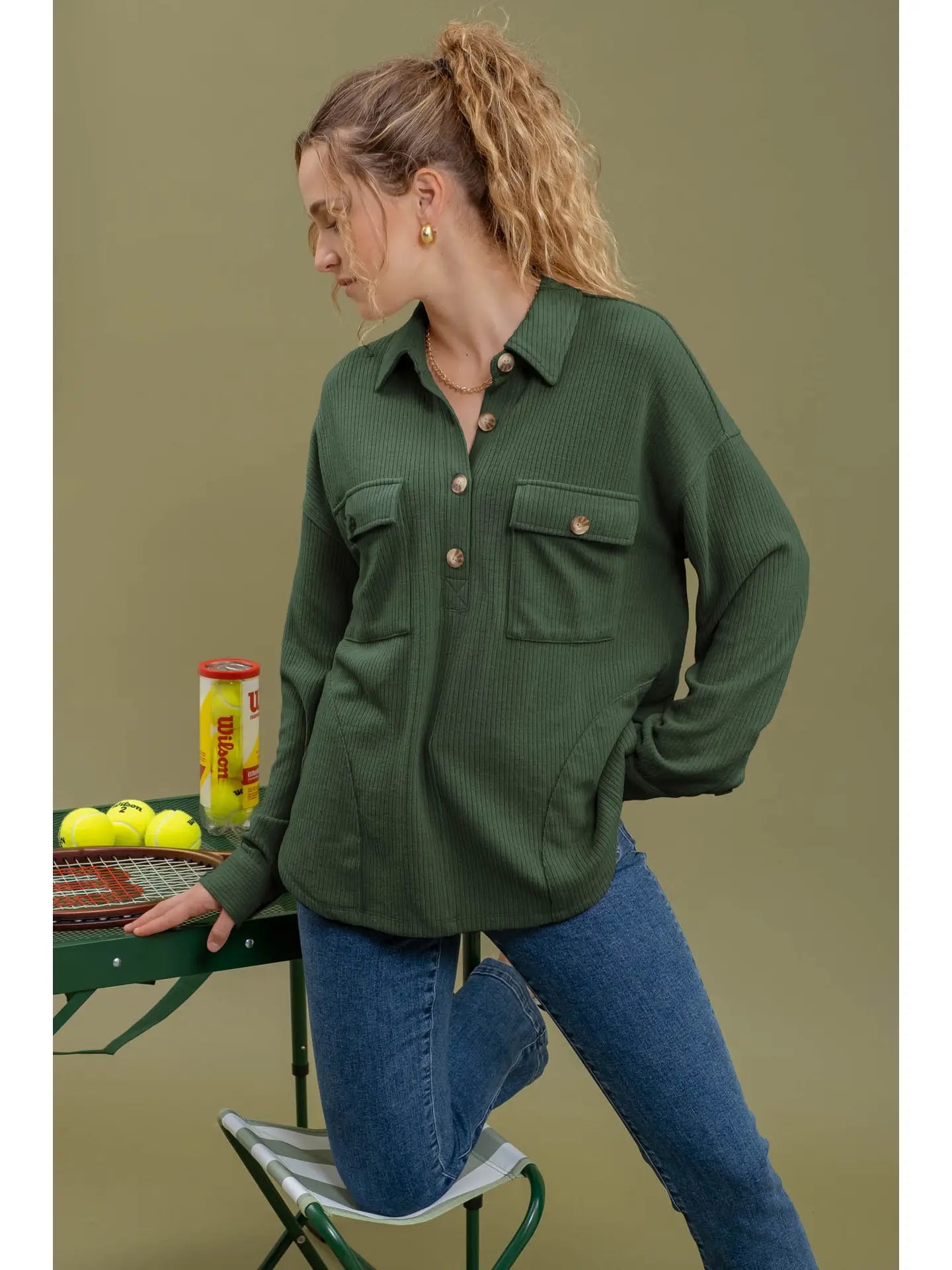 This Is It Button Knit Top Hunter Green