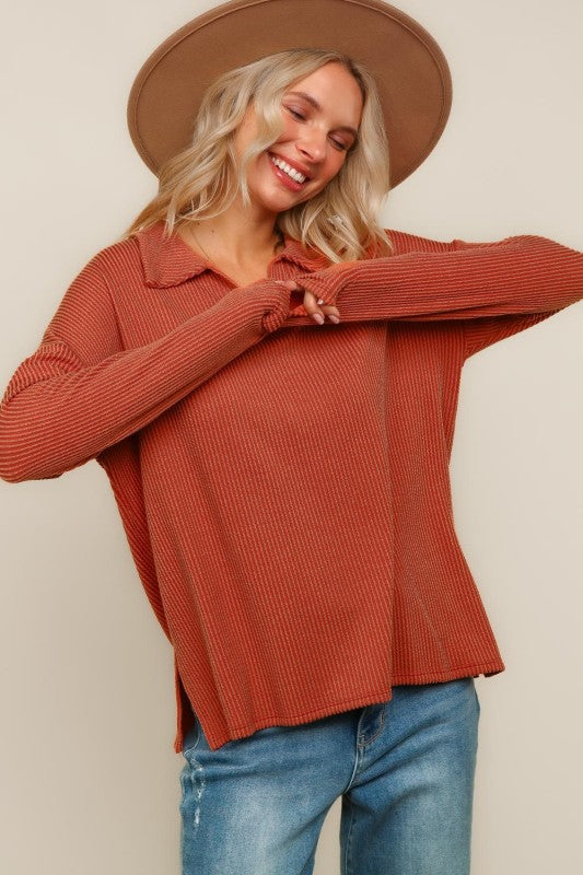 Oversized Washed Solid Wavy Rib Knit Top