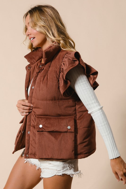 Ruffle Sleeve Corduroy Puffer Vest