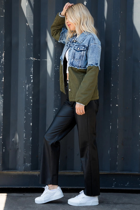 Acid Wash Denim Quilted Mixed Jacket