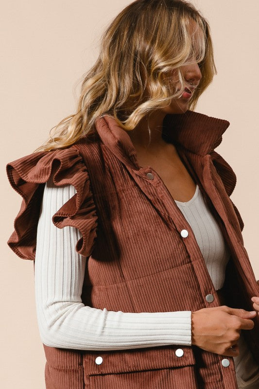 Ruffle Sleeve Corduroy Puffer Vest