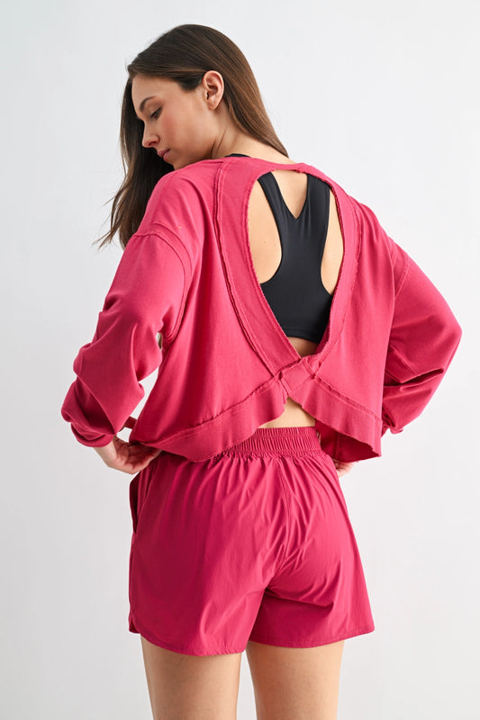 Open Back Long Sleeve Tee Plum Pink