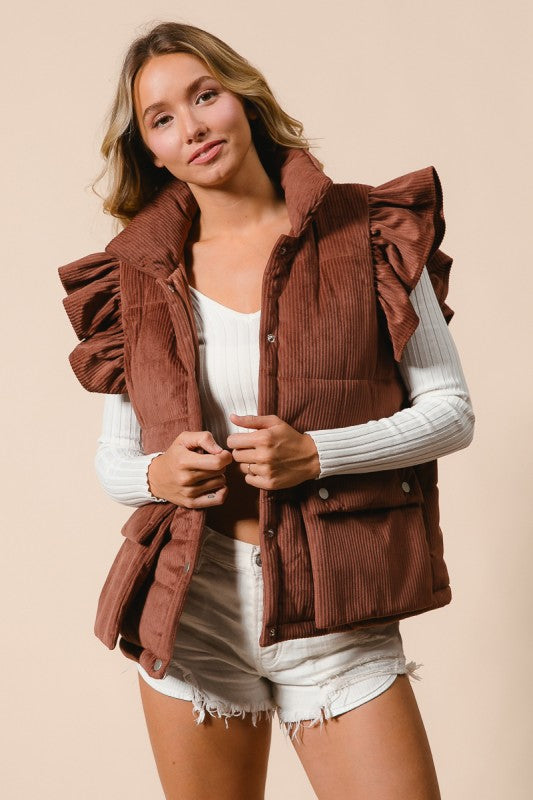 Ruffle Sleeve Corduroy Puffer Vest